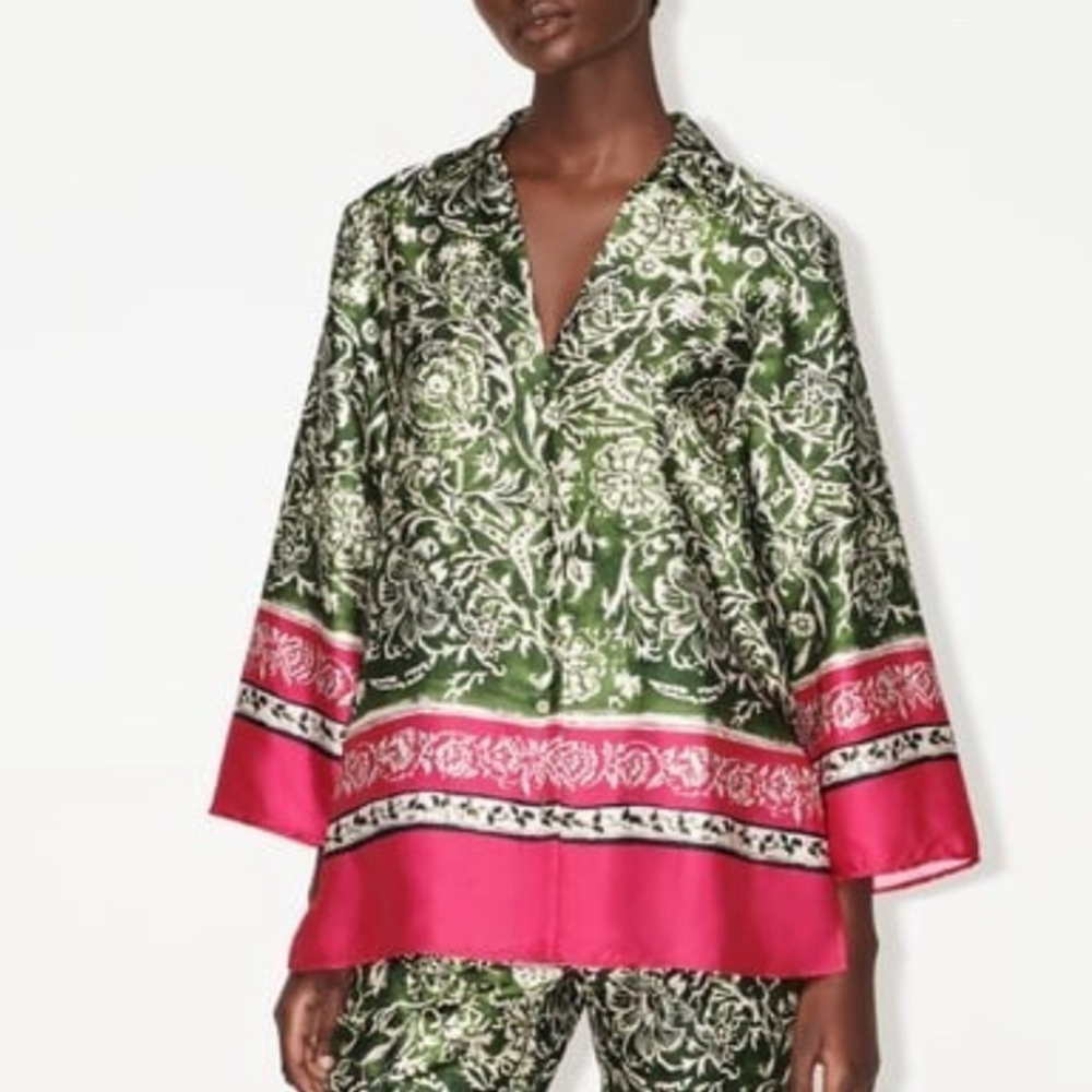 ZARA OVERSIZED PRINTED SHIRT Floral Green and Pink Satin Blouse
